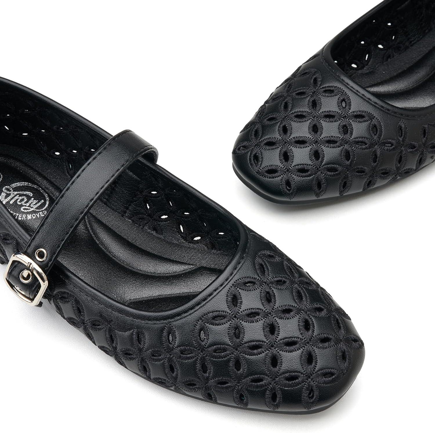imageTrary Mary Jane Shoes Women Hollow Flats for Women Ballet Flats Shoes Squared Toe Mary Jane Flats Ankle Strap Flats Shoes Dressy ComfortableBlack