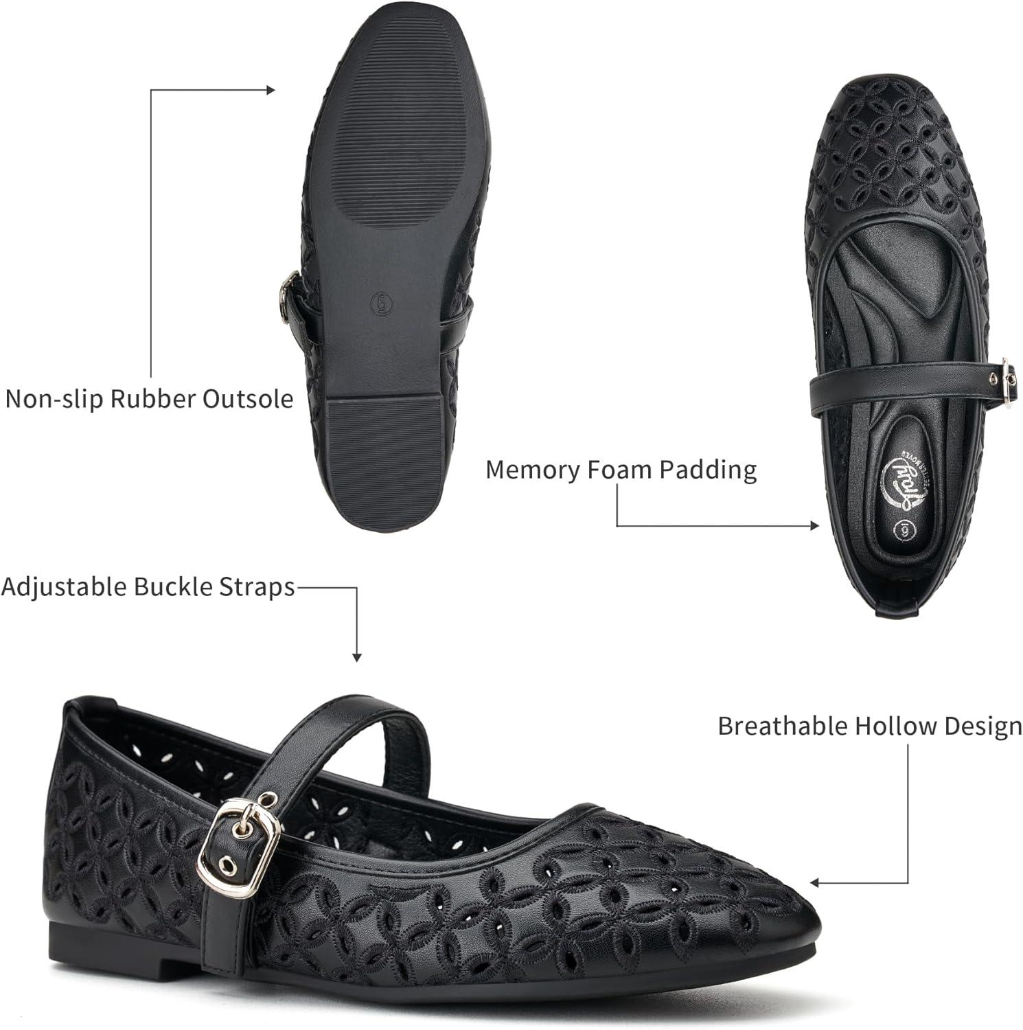 imageTrary Mary Jane Shoes Women Hollow Flats for Women Ballet Flats Shoes Squared Toe Mary Jane Flats Ankle Strap Flats Shoes Dressy ComfortableBlack