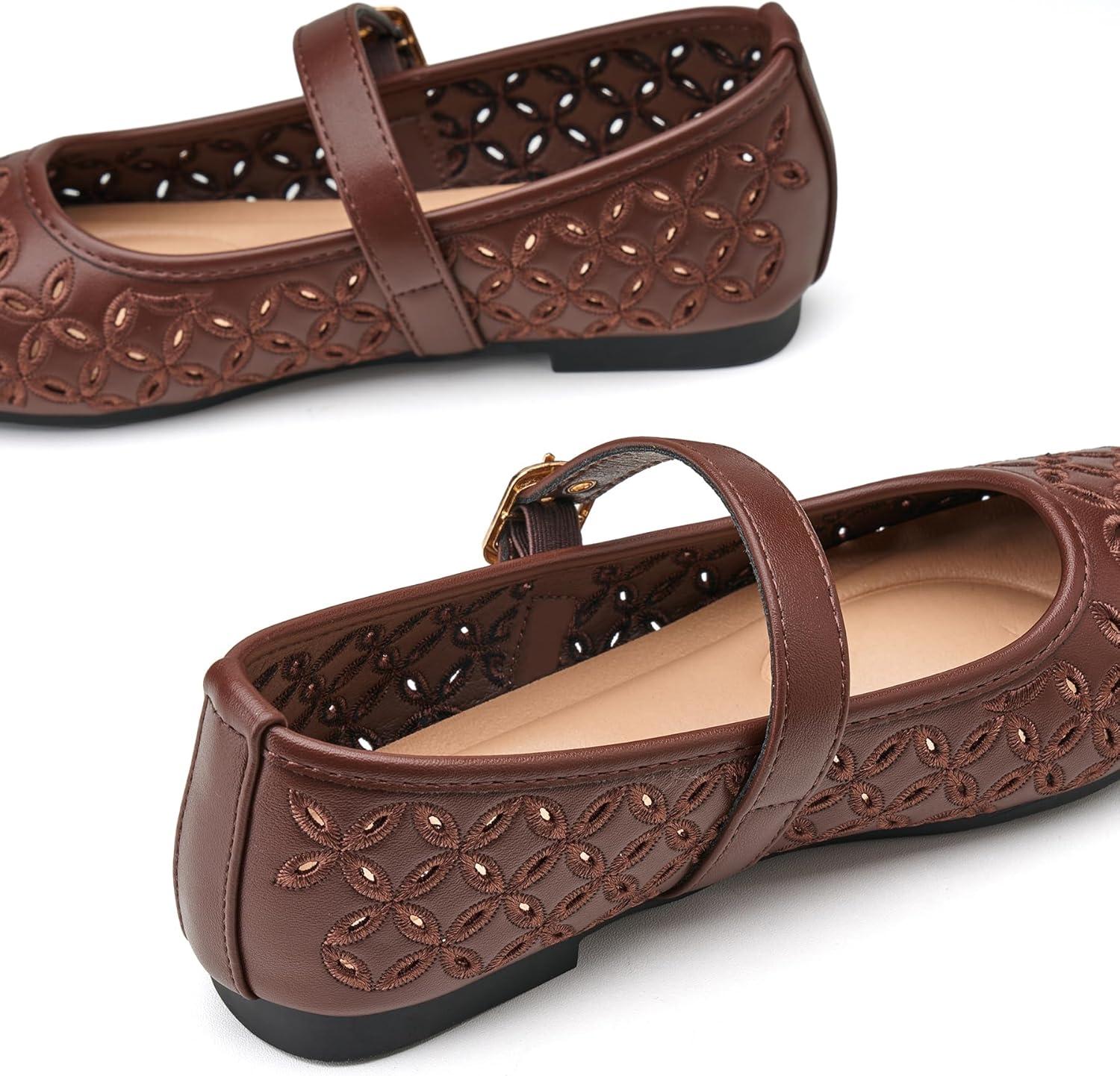 imageTrary Mary Jane Shoes Women Hollow Flats for Women Ballet Flats Shoes Squared Toe Mary Jane Flats Ankle Strap Flats Shoes Dressy ComfortableCoffee