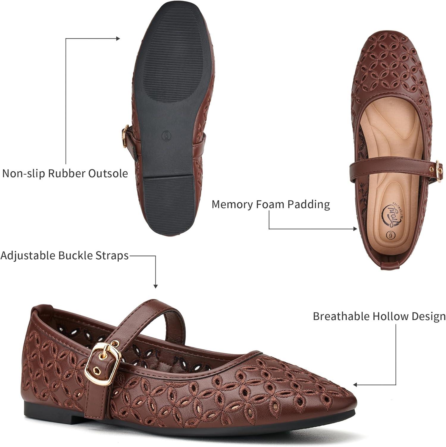 imageTrary Mary Jane Shoes Women Hollow Flats for Women Ballet Flats Shoes Squared Toe Mary Jane Flats Ankle Strap Flats Shoes Dressy ComfortableCoffee