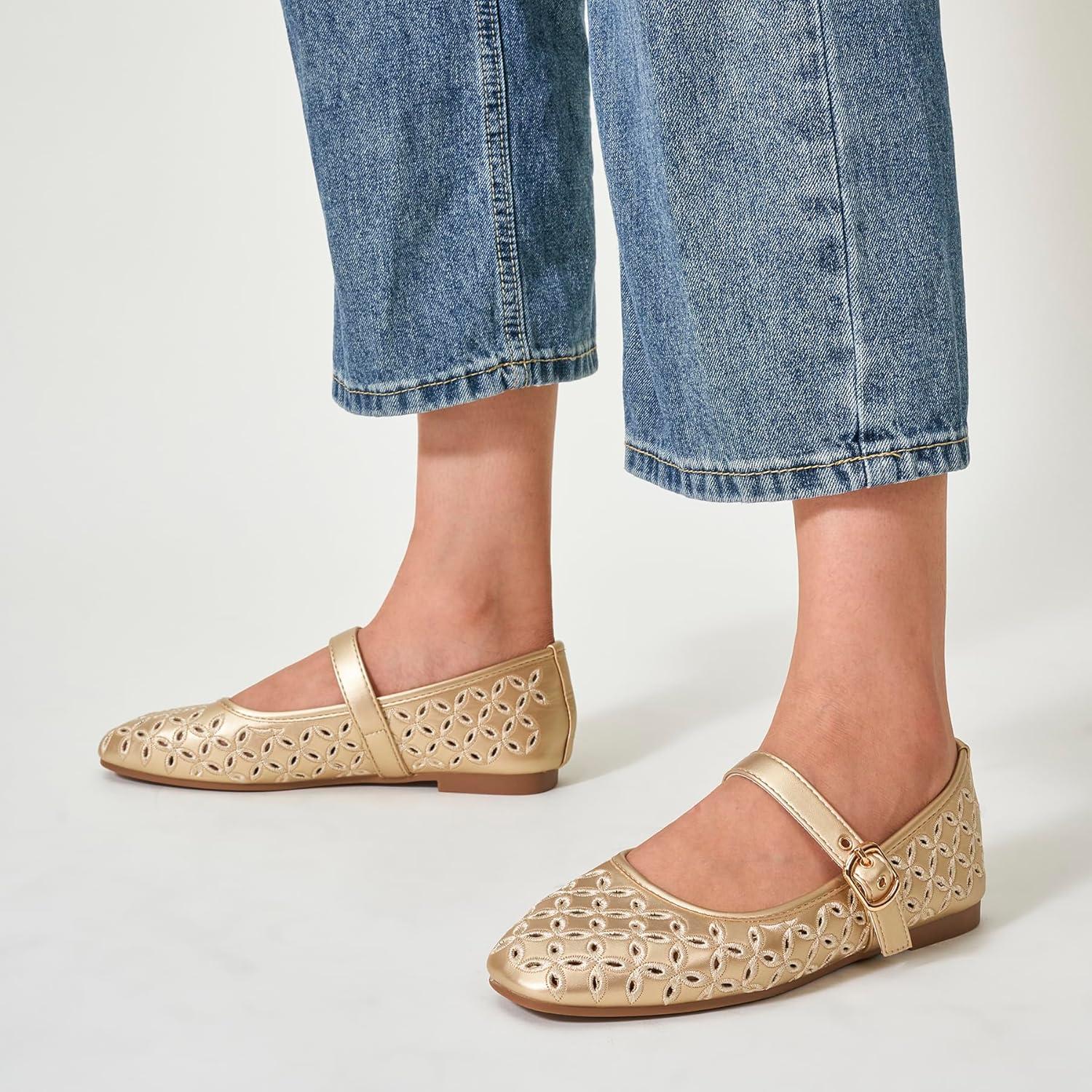 imageTrary Mary Jane Shoes Women Hollow Flats for Women Ballet Flats Shoes Squared Toe Mary Jane Flats Ankle Strap Flats Shoes Dressy ComfortableGold