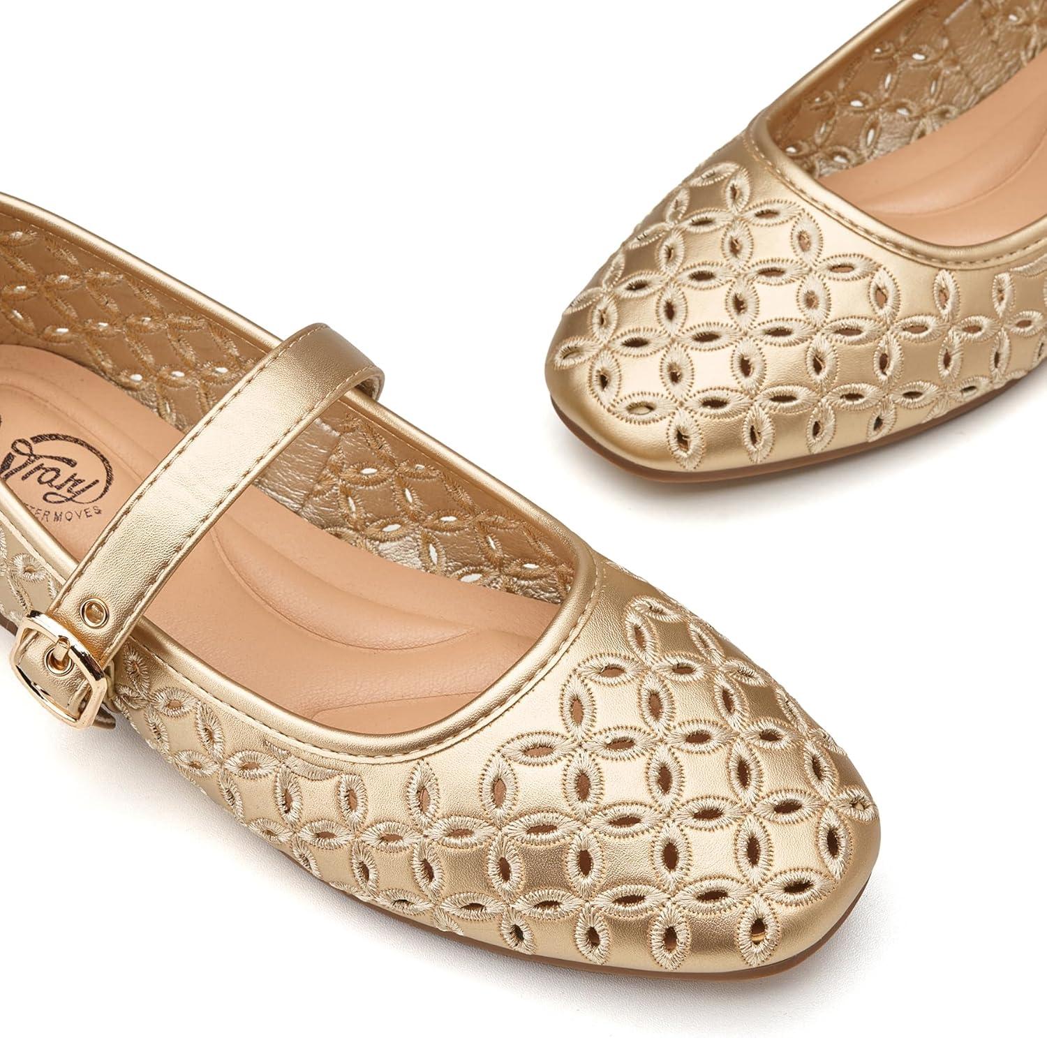 imageTrary Mary Jane Shoes Women Hollow Flats for Women Ballet Flats Shoes Squared Toe Mary Jane Flats Ankle Strap Flats Shoes Dressy ComfortableGold