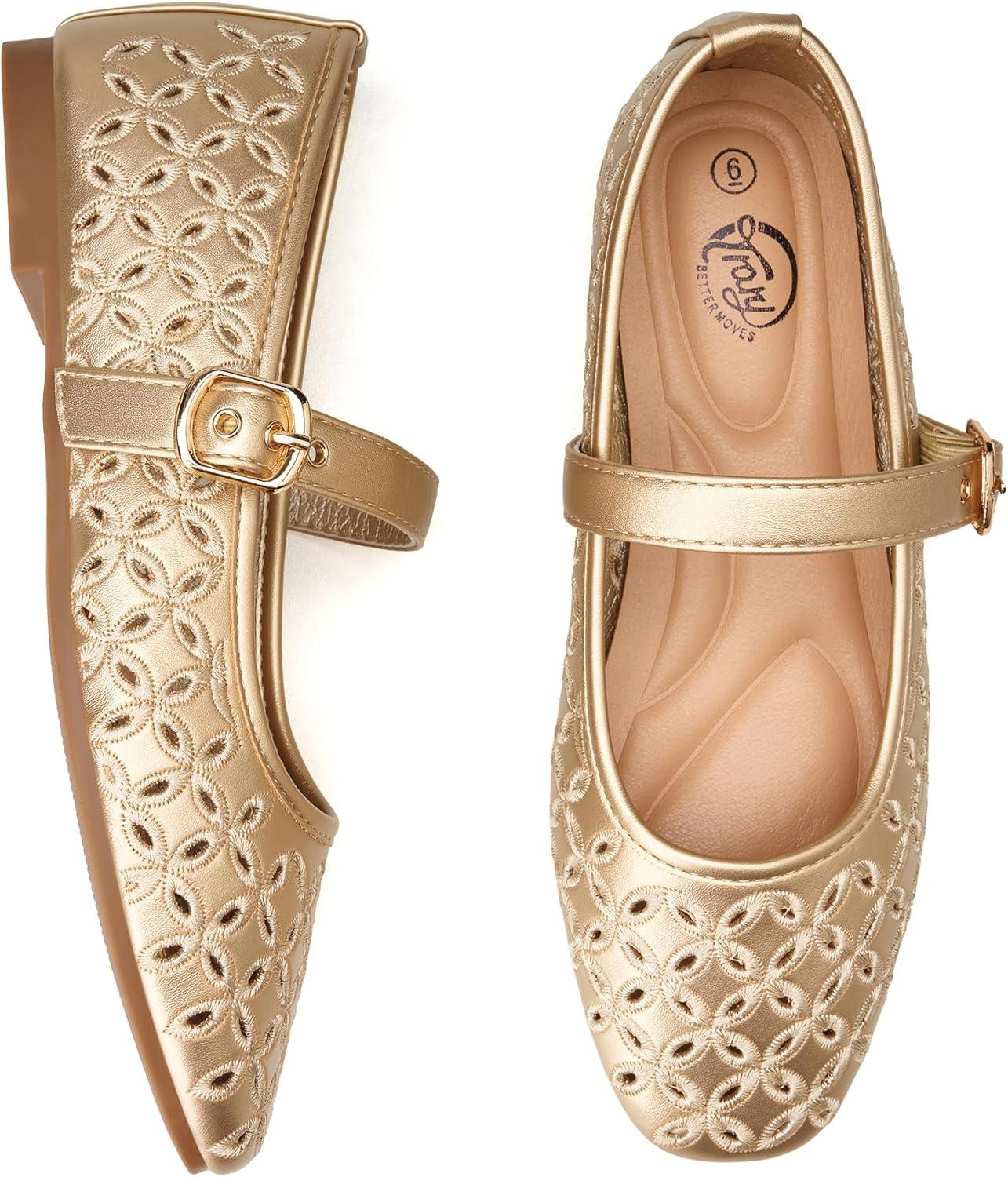imageTrary Mary Jane Shoes Women Hollow Flats for Women Ballet Flats Shoes Squared Toe Mary Jane Flats Ankle Strap Flats Shoes Dressy ComfortableGold