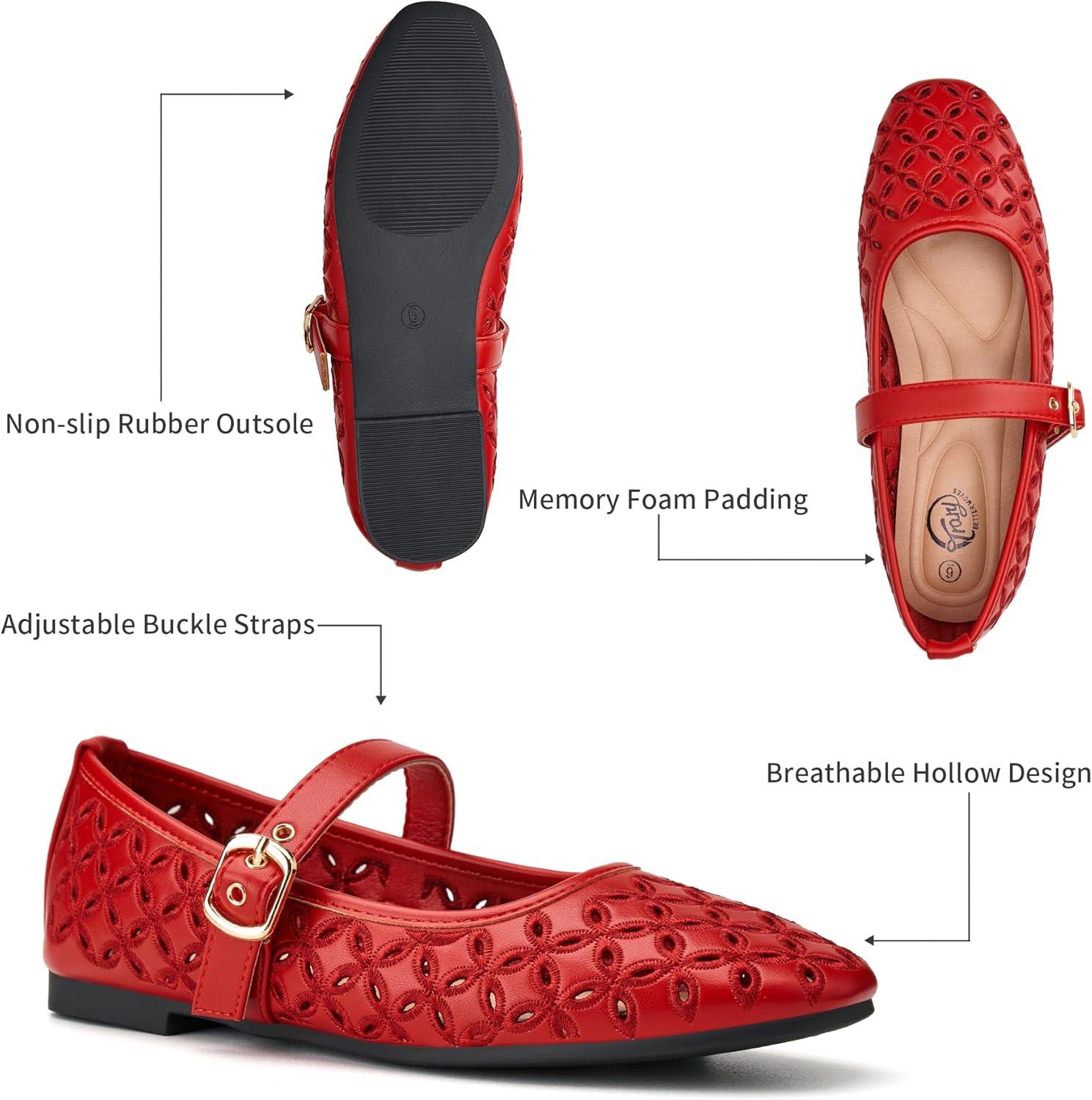 imageTrary Mary Jane Shoes Women Hollow Flats for Women Ballet Flats Shoes Squared Toe Mary Jane Flats Ankle Strap Flats Shoes Dressy ComfortableRed