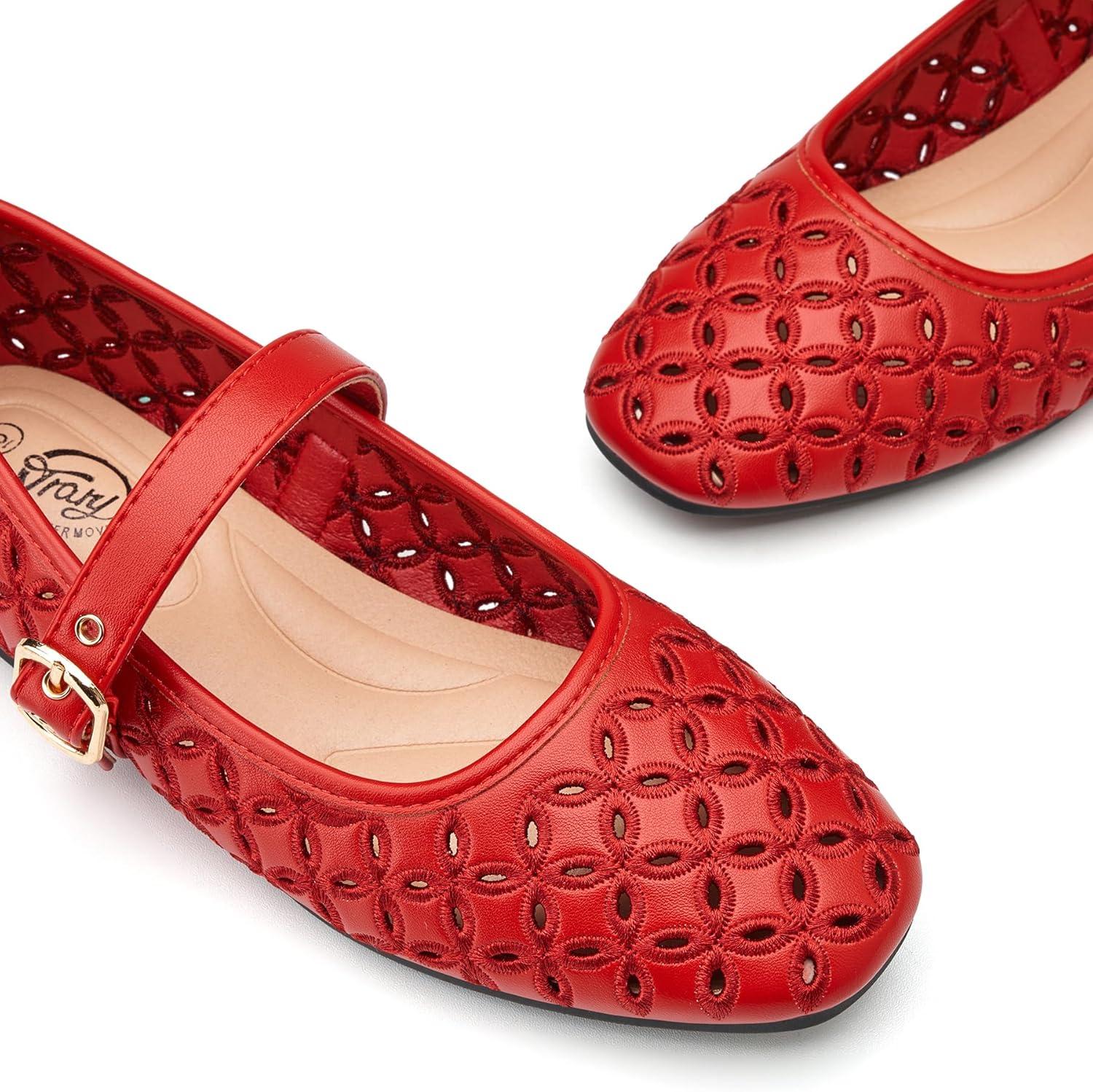imageTrary Mary Jane Shoes Women Hollow Flats for Women Ballet Flats Shoes Squared Toe Mary Jane Flats Ankle Strap Flats Shoes Dressy ComfortableRed