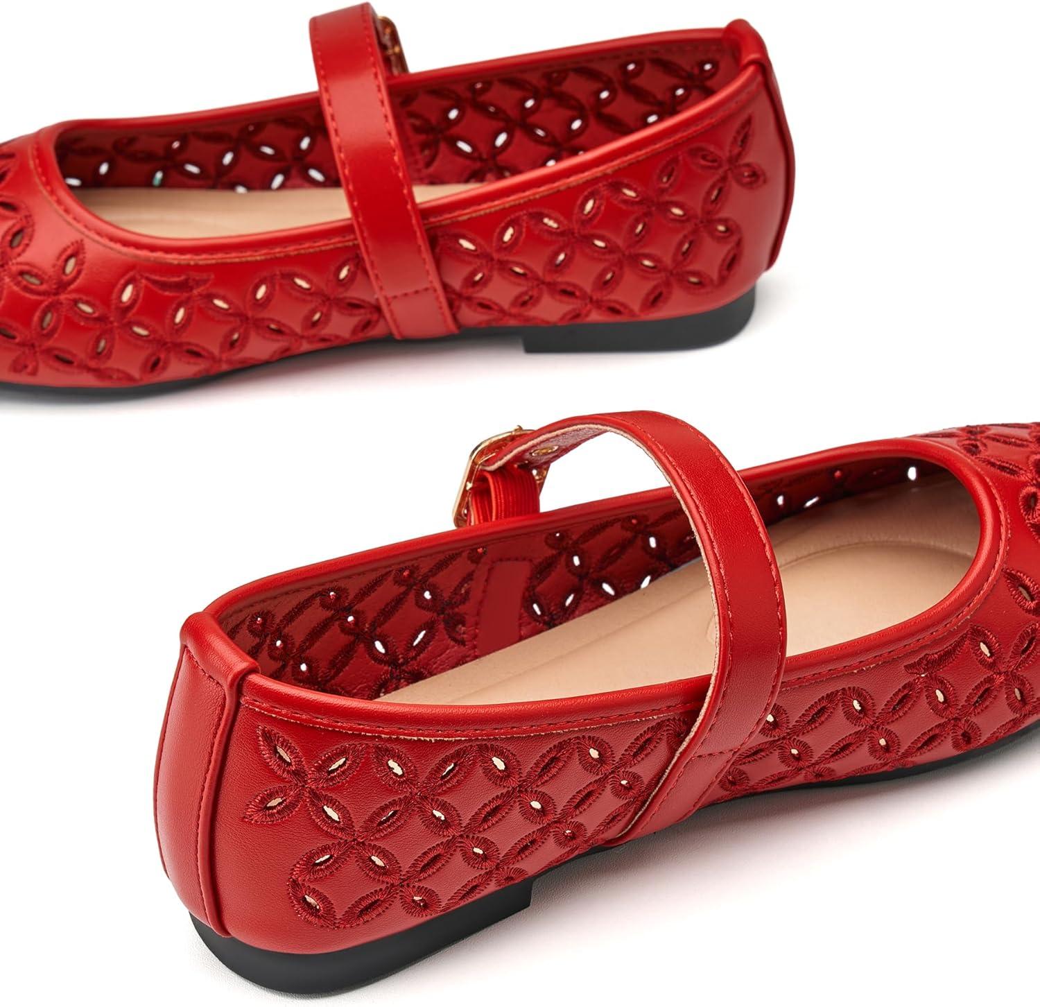 imageTrary Mary Jane Shoes Women Hollow Flats for Women Ballet Flats Shoes Squared Toe Mary Jane Flats Ankle Strap Flats Shoes Dressy ComfortableRed