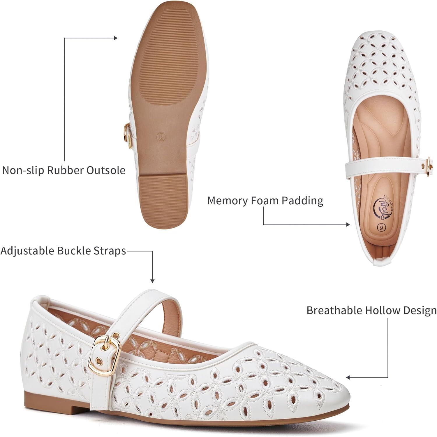 imageTrary Mary Jane Shoes Women Hollow Flats for Women Ballet Flats Shoes Squared Toe Mary Jane Flats Ankle Strap Flats Shoes Dressy ComfortableWhite