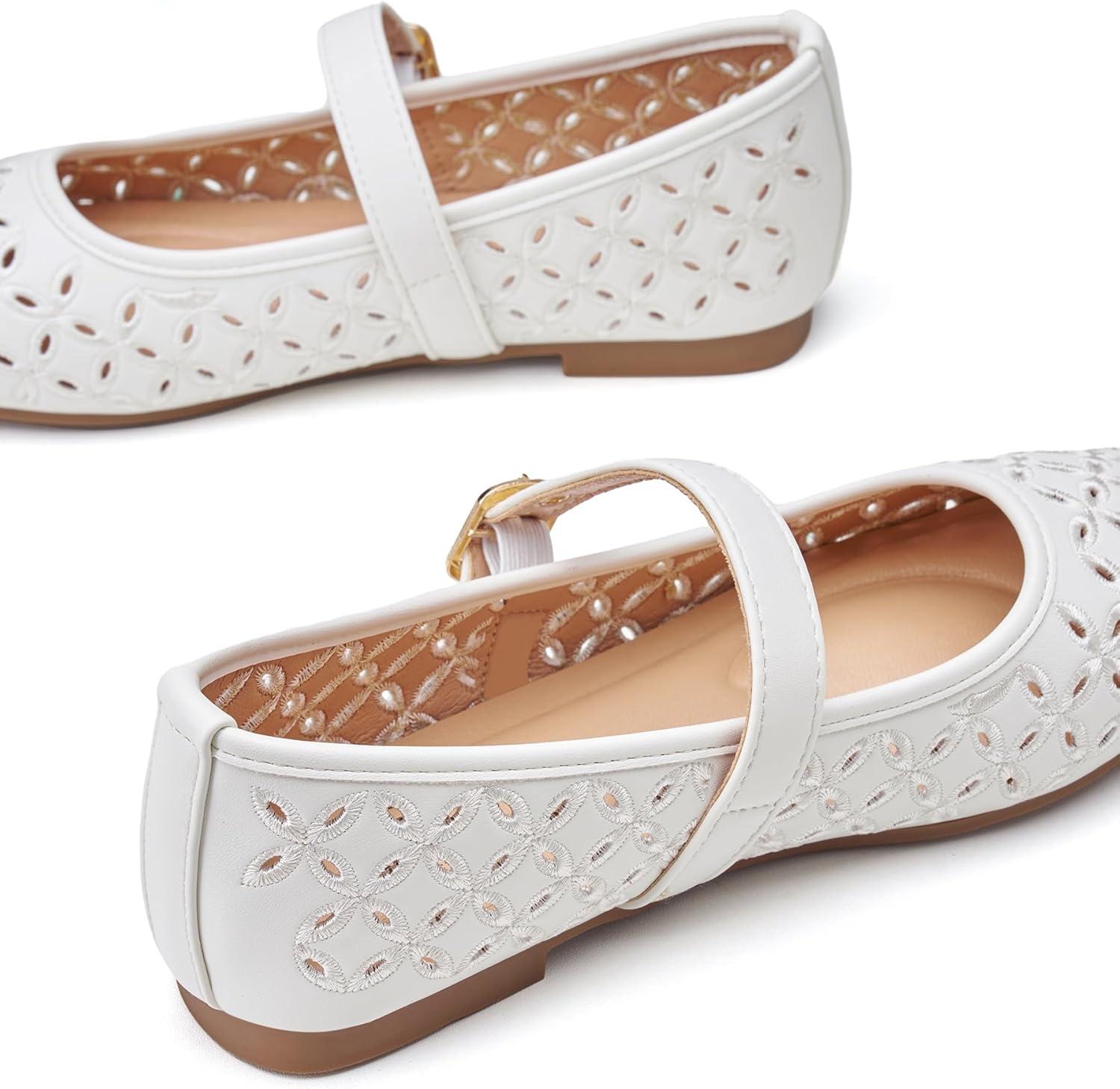 imageTrary Mary Jane Shoes Women Hollow Flats for Women Ballet Flats Shoes Squared Toe Mary Jane Flats Ankle Strap Flats Shoes Dressy ComfortableWhite
