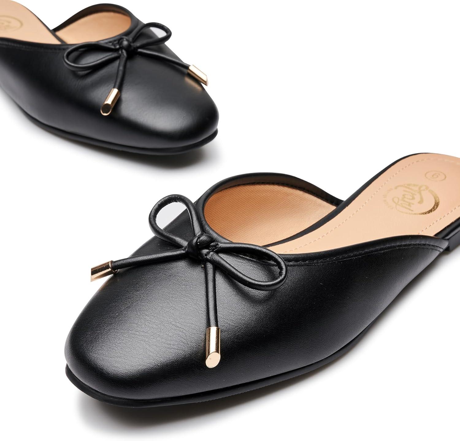 imageTrary Mules for Women 2025 Womens Mules Slip on Comfortable Bow Pointed Toe Womens Loafers Backless Flats Mules Shoes for Women with KnotBlack