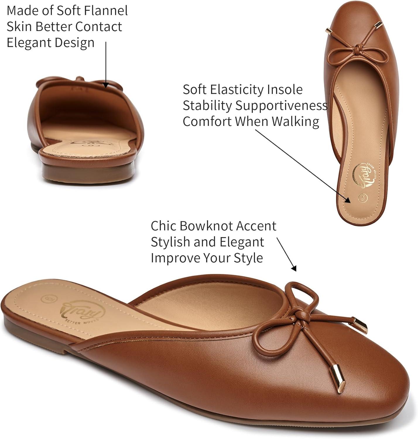 imageTrary Mules for Women 2025 Womens Mules Slip on Comfortable Bow Pointed Toe Womens Loafers Backless Flats Mules Shoes for Women with KnotBrown