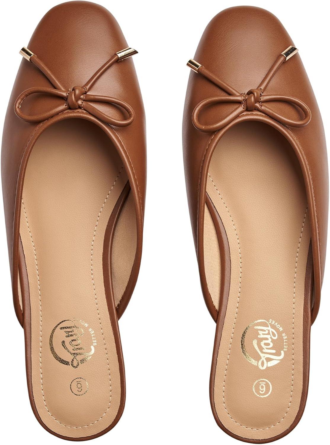 imageTrary Mules for Women 2025 Womens Mules Slip on Comfortable Bow Pointed Toe Womens Loafers Backless Flats Mules Shoes for Women with KnotBrown