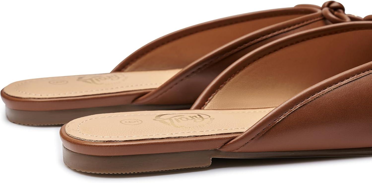 imageTrary Mules for Women 2025 Womens Mules Slip on Comfortable Bow Pointed Toe Womens Loafers Backless Flats Mules Shoes for Women with KnotBrown