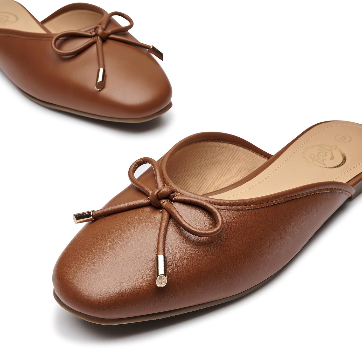 imageTrary Mules for Women 2025 Womens Mules Slip on Comfortable Bow Pointed Toe Womens Loafers Backless Flats Mules Shoes for Women with KnotBrown