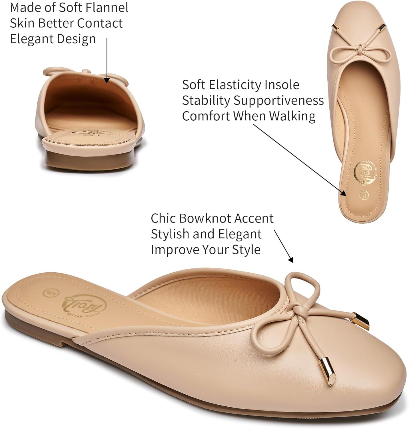 imageTrary Mules for Women 2025 Womens Mules Slip on Comfortable Bow Pointed Toe Womens Loafers Backless Flats Mules Shoes for Women with KnotNude