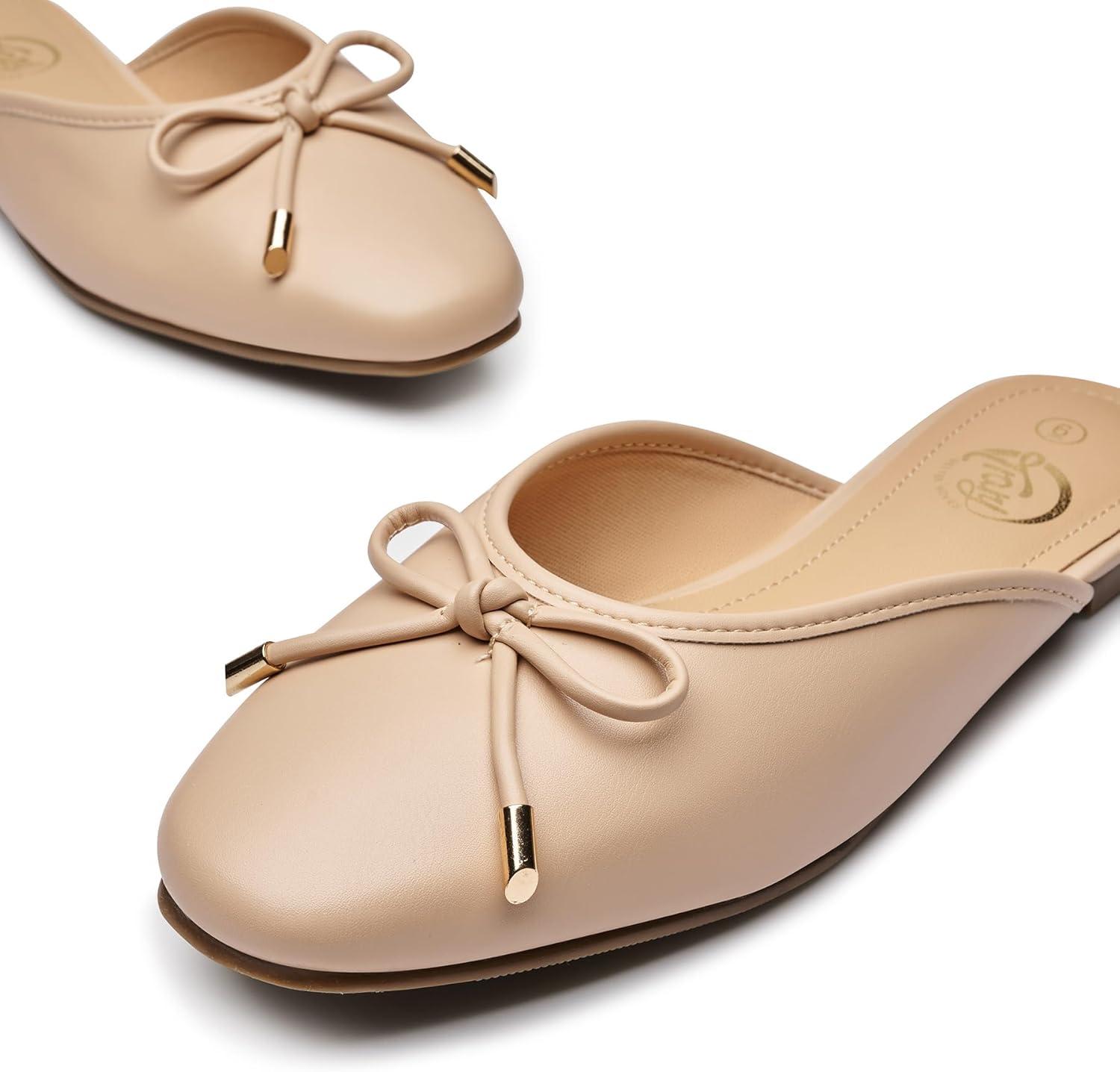 imageTrary Mules for Women 2025 Womens Mules Slip on Comfortable Bow Pointed Toe Womens Loafers Backless Flats Mules Shoes for Women with KnotNude