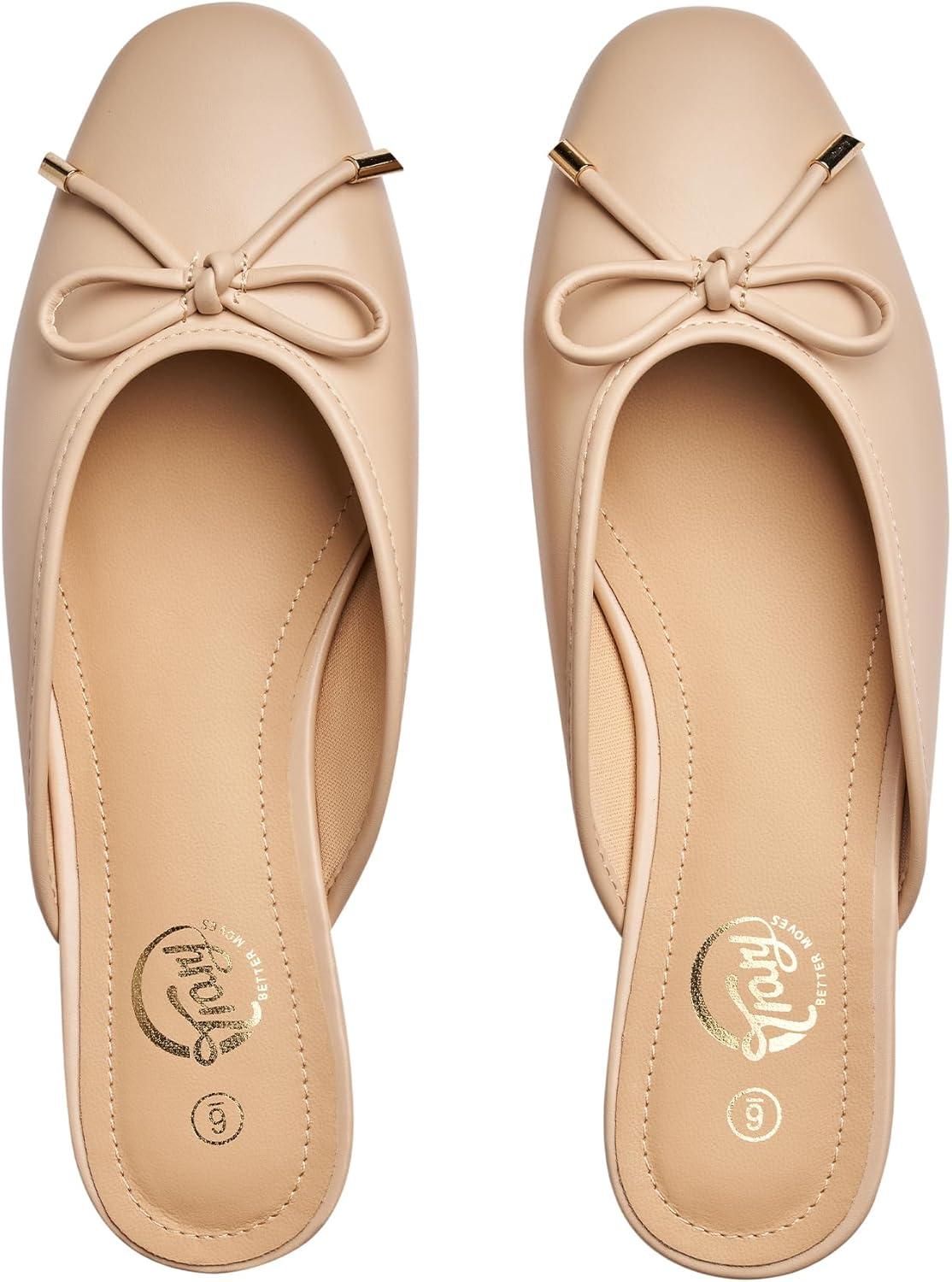 imageTrary Mules for Women 2025 Womens Mules Slip on Comfortable Bow Pointed Toe Womens Loafers Backless Flats Mules Shoes for Women with KnotNude