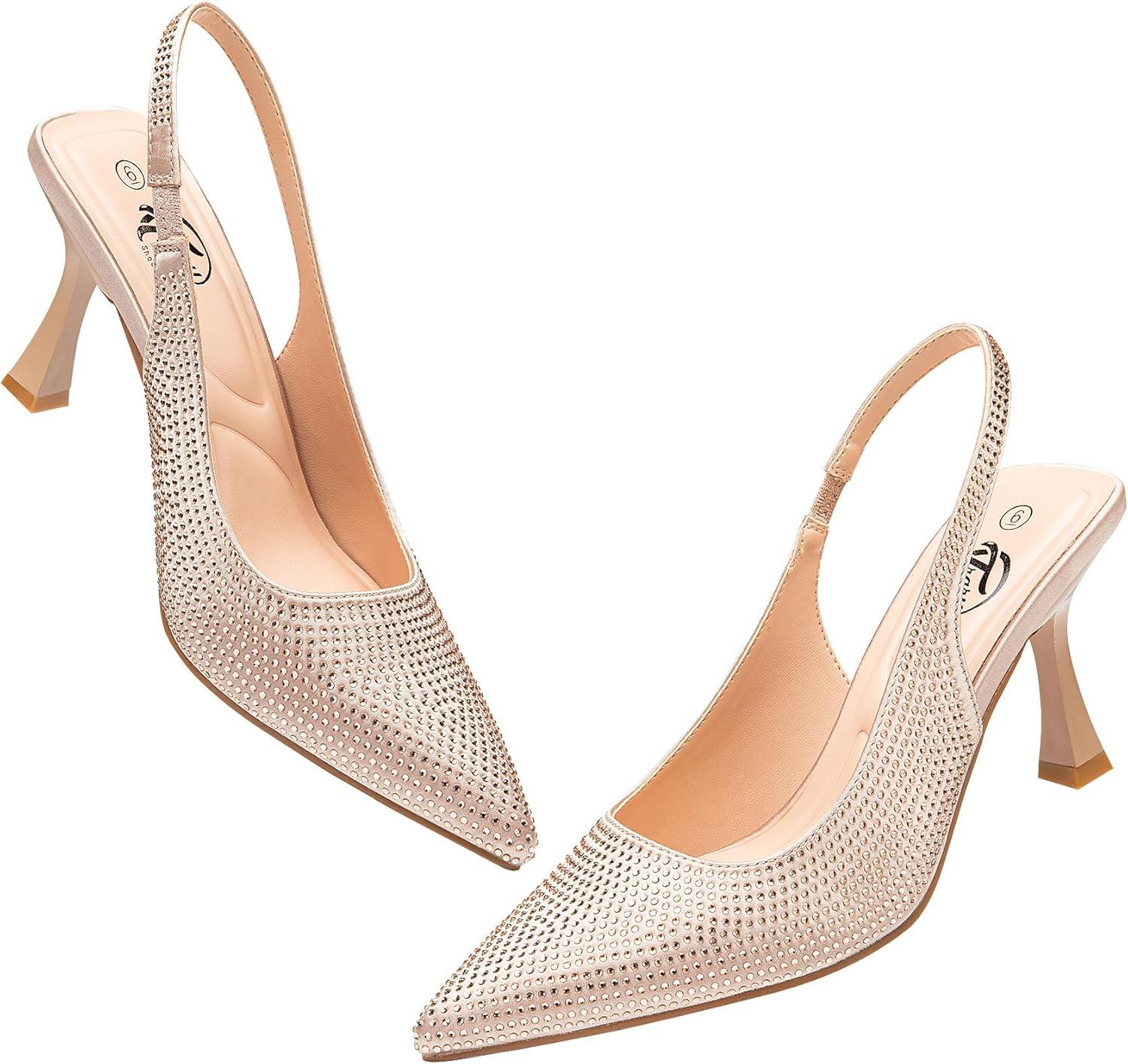 imageTrary Slingback Heels for Women  Pointed Toe Pumps Comfortable ampamp Stylish for Parties ampamp Work  32inch High Heels Rhinestone ampamp Glitter Dressy ShoesGold