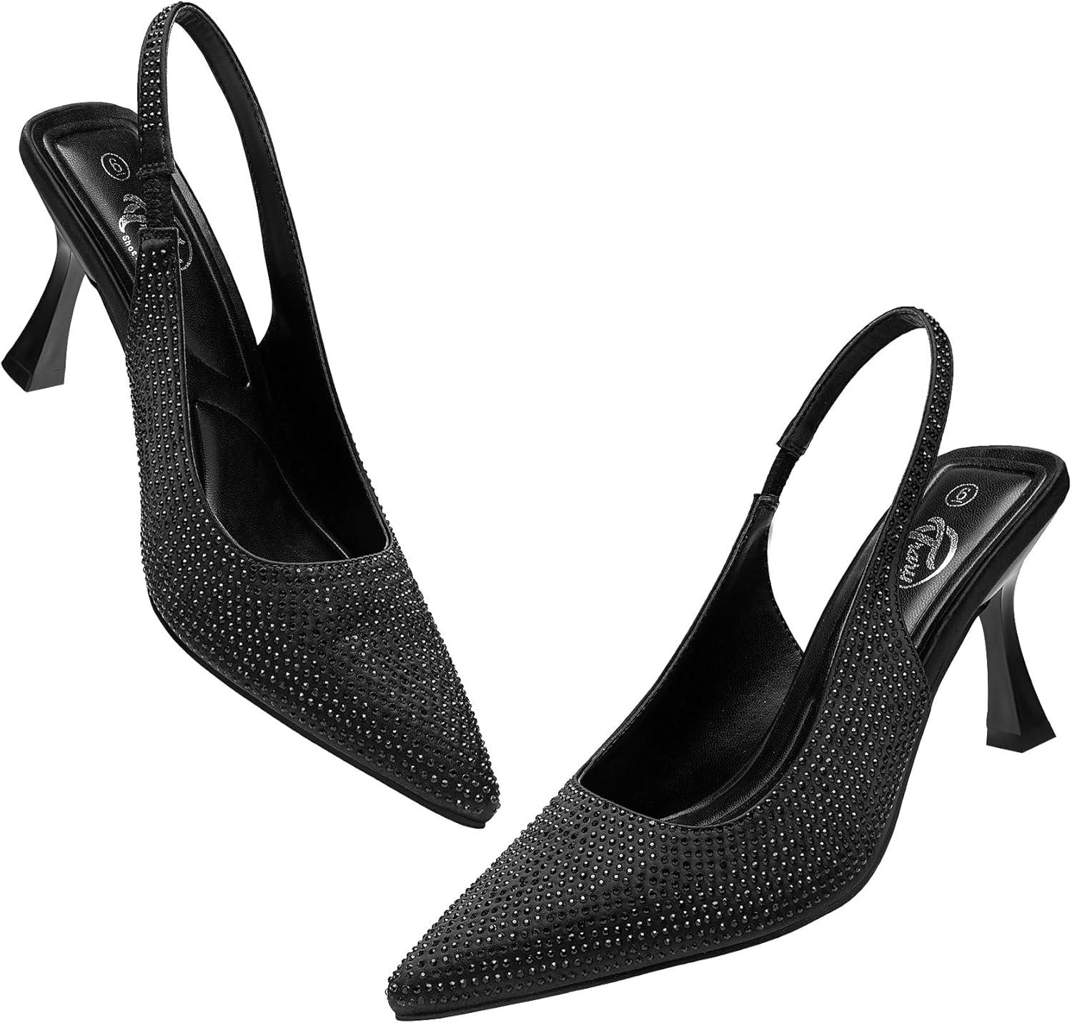 imageTrary Slingback Heels for Women  Pointed Toe Pumps Comfortable ampamp Stylish for Parties ampamp Work  32inch High Heels Rhinestone ampamp Glitter Dressy ShoesBlack