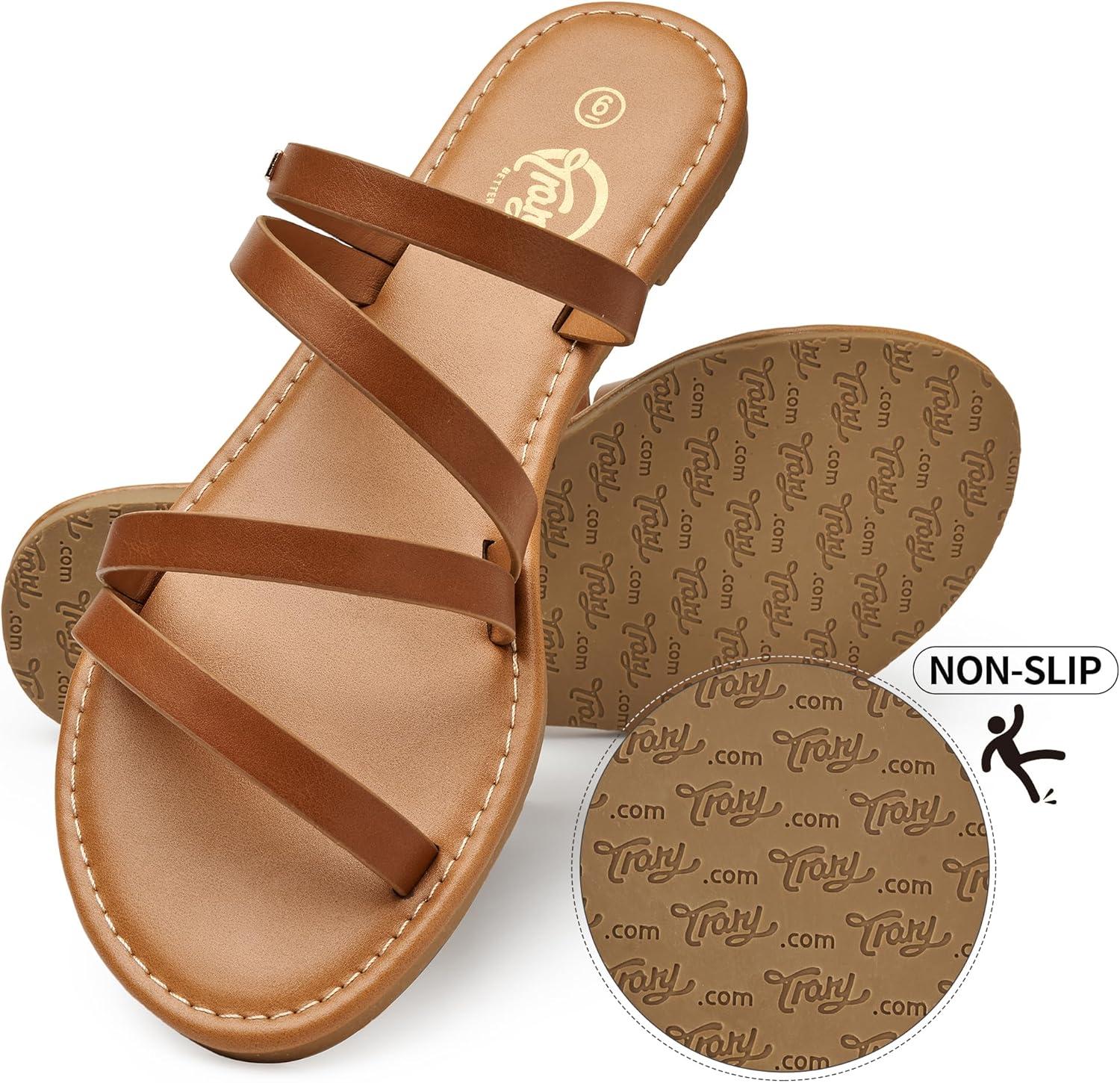 imageTrary Womens Flat SandalsStrappy Flip Flops DressyComfortable Slide for Girls SummerBronze