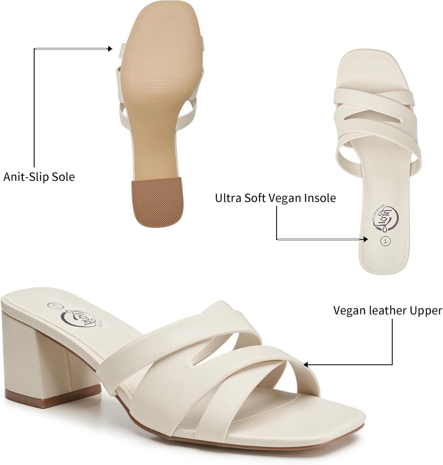 imageTrary Womens Sandals Square Toe Heels Sandals 2inch Black White Nude Chunky Block Heels SandalsAwhite