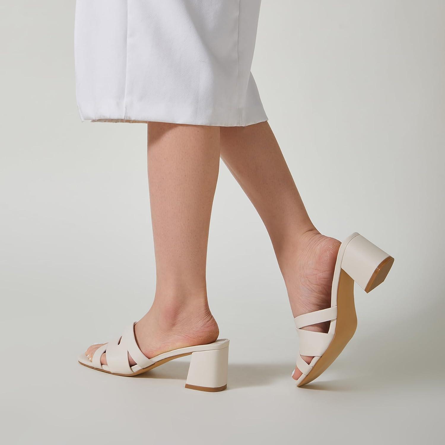 imageTrary Womens Sandals Square Toe Heels Sandals 2inch Black White Nude Chunky Block Heels SandalsAwhite