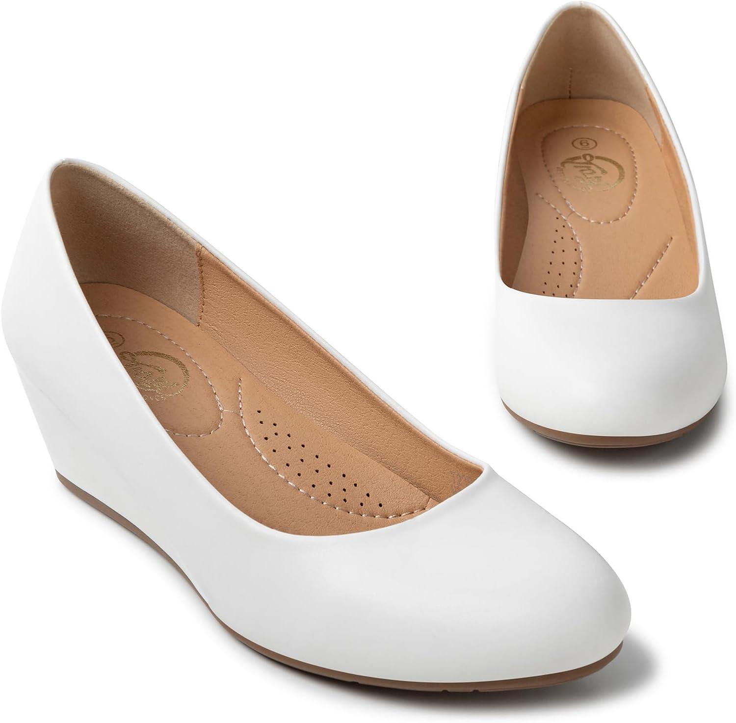 imageTrary Womens Wedges Heels for Women Pumps Round Toe Mid Heels Comfortable Closed Toe Dressy Shoes Women Pumps Wedge Shoes for Wedding Work Office Party 18 InchesPu White