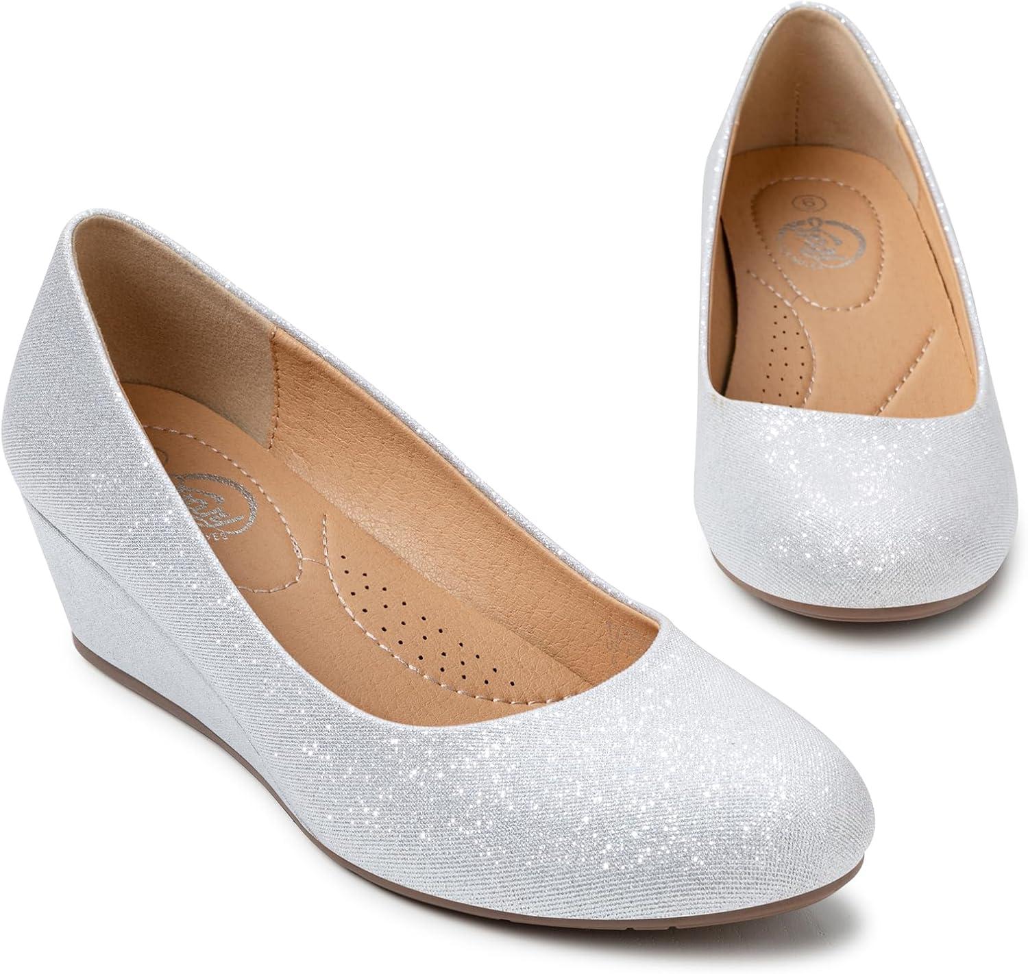 imageTrary Womens Wedges Heels for Women Pumps Round Toe Mid Heels Comfortable Closed Toe Dressy Shoes Women Pumps Wedge Shoes for Wedding Work Office Party 18 InchesSilver Glitter