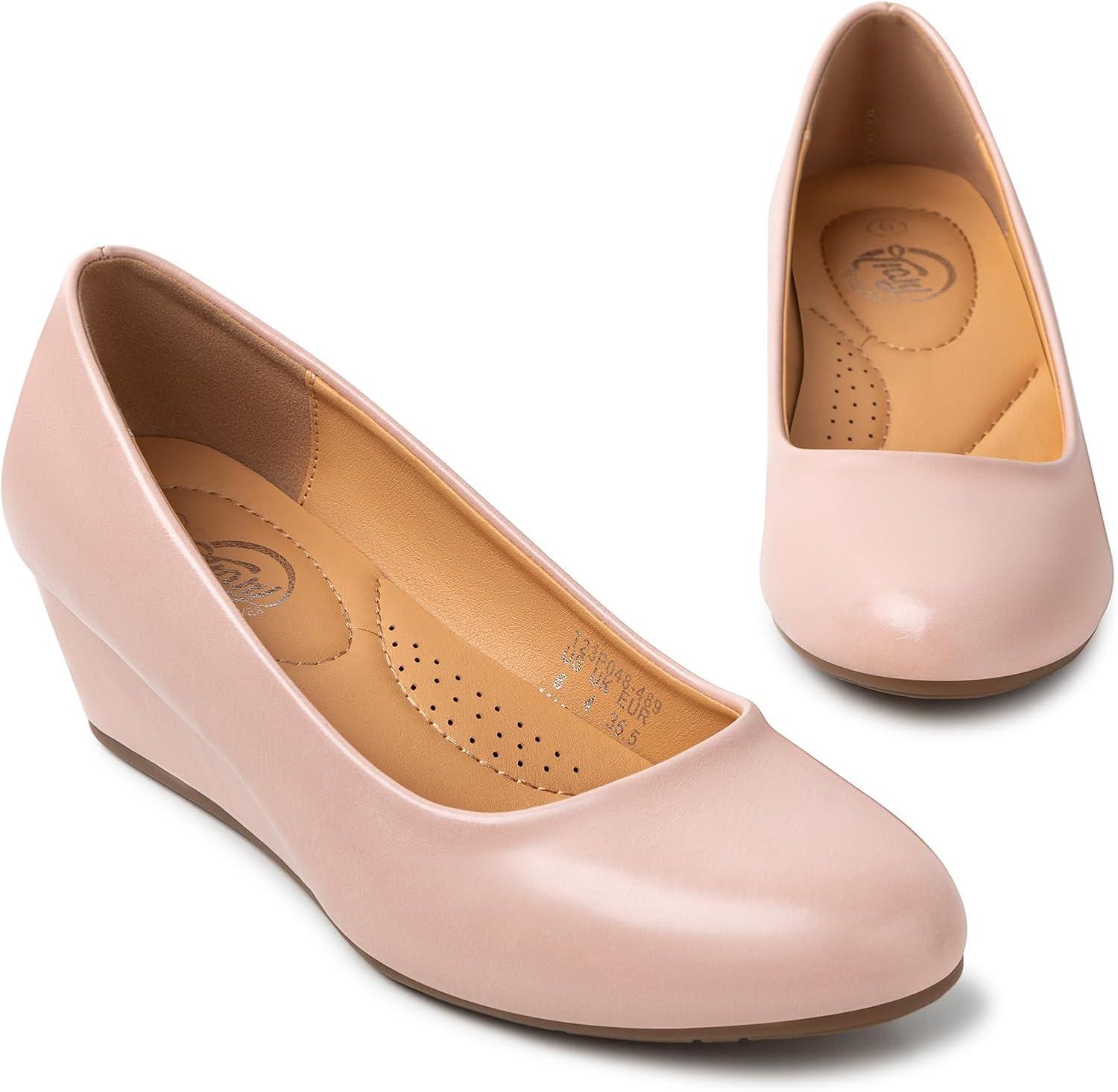 imageTrary Womens Wedges Heels for Women Pumps Round Toe Mid Heels Comfortable Closed Toe Dressy Shoes Women Pumps Wedge Shoes for Wedding Work Office Party 18 InchesPink