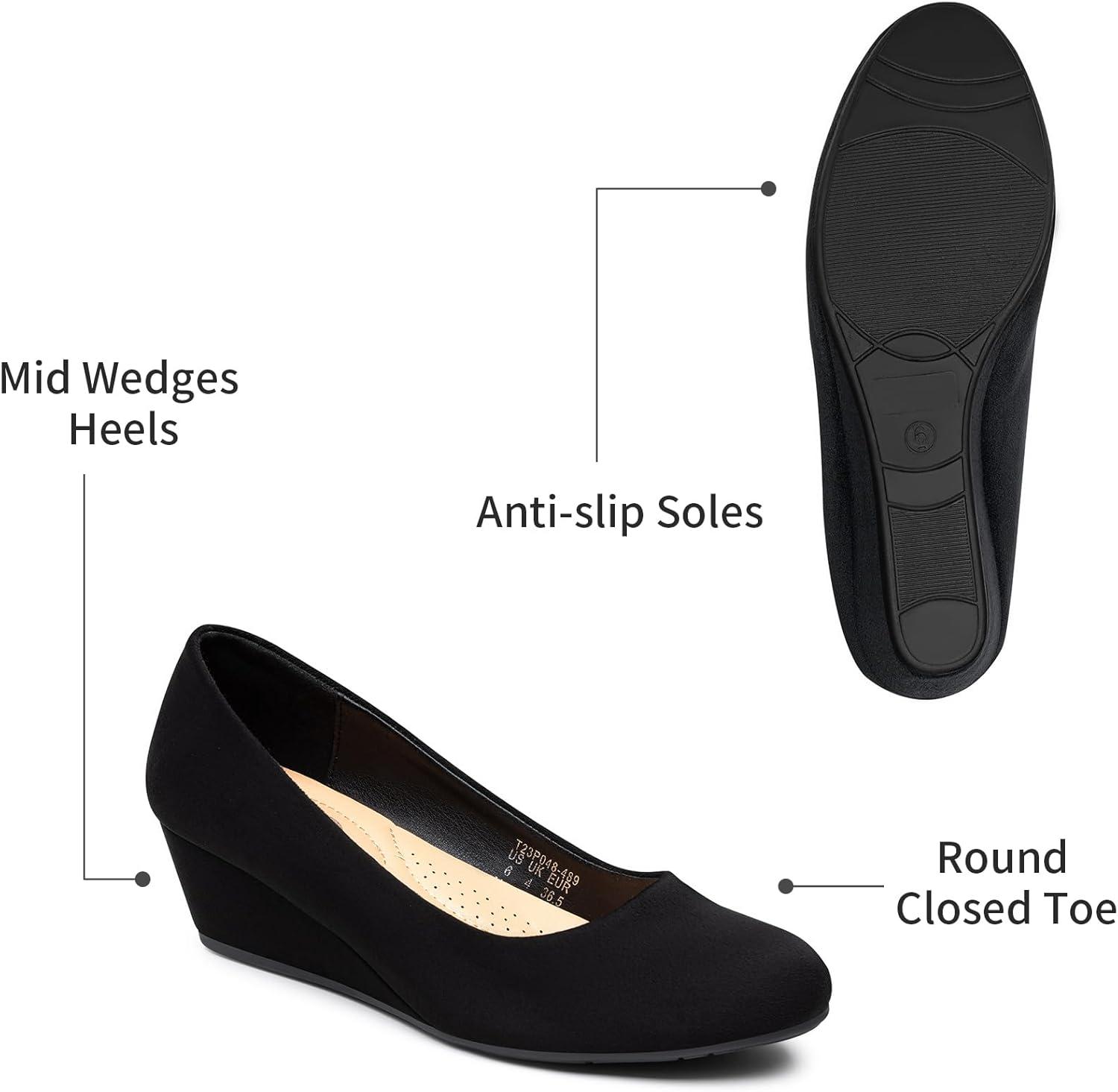 imageTrary Womens Wedges Heels for Women Pumps Round Toe Mid Heels Comfortable Closed Toe Dressy Shoes Women Pumps Wedge Shoes for Wedding Work Office Party 18 InchesSuede Black