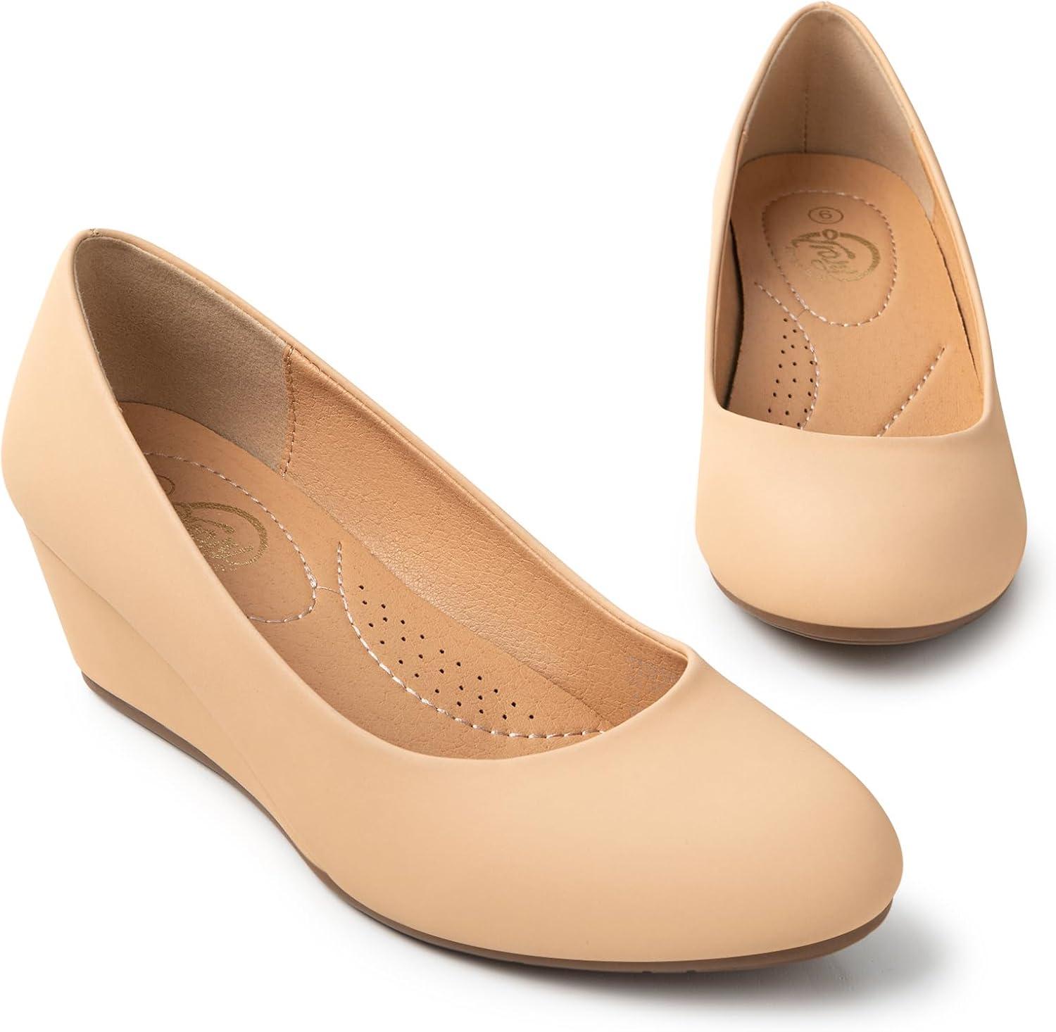imageTrary Womens Wedges Heels for Women Pumps Round Toe Mid Heels Comfortable Closed Toe Dressy Shoes Women Pumps Wedge Shoes for Wedding Work Office Party 18 InchesNude Nubuck