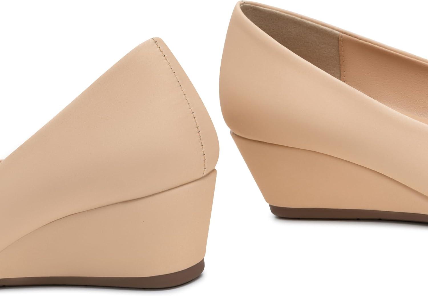 imageTrary Womens Wedges Heels for Women Pumps Round Toe Mid Heels Comfortable Closed Toe Dressy Shoes Women Pumps Wedge Shoes for Wedding Work Office Party 18 InchesNude Nubuck
