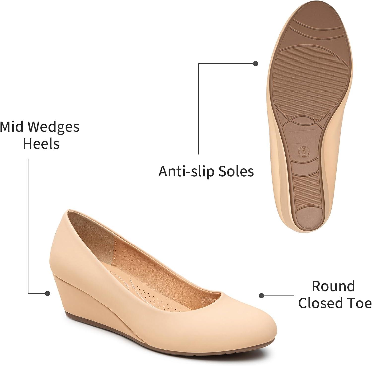 imageTrary Womens Wedges Heels for Women Pumps Round Toe Mid Heels Comfortable Closed Toe Dressy Shoes Women Pumps Wedge Shoes for Wedding Work Office Party 18 InchesNude Nubuck