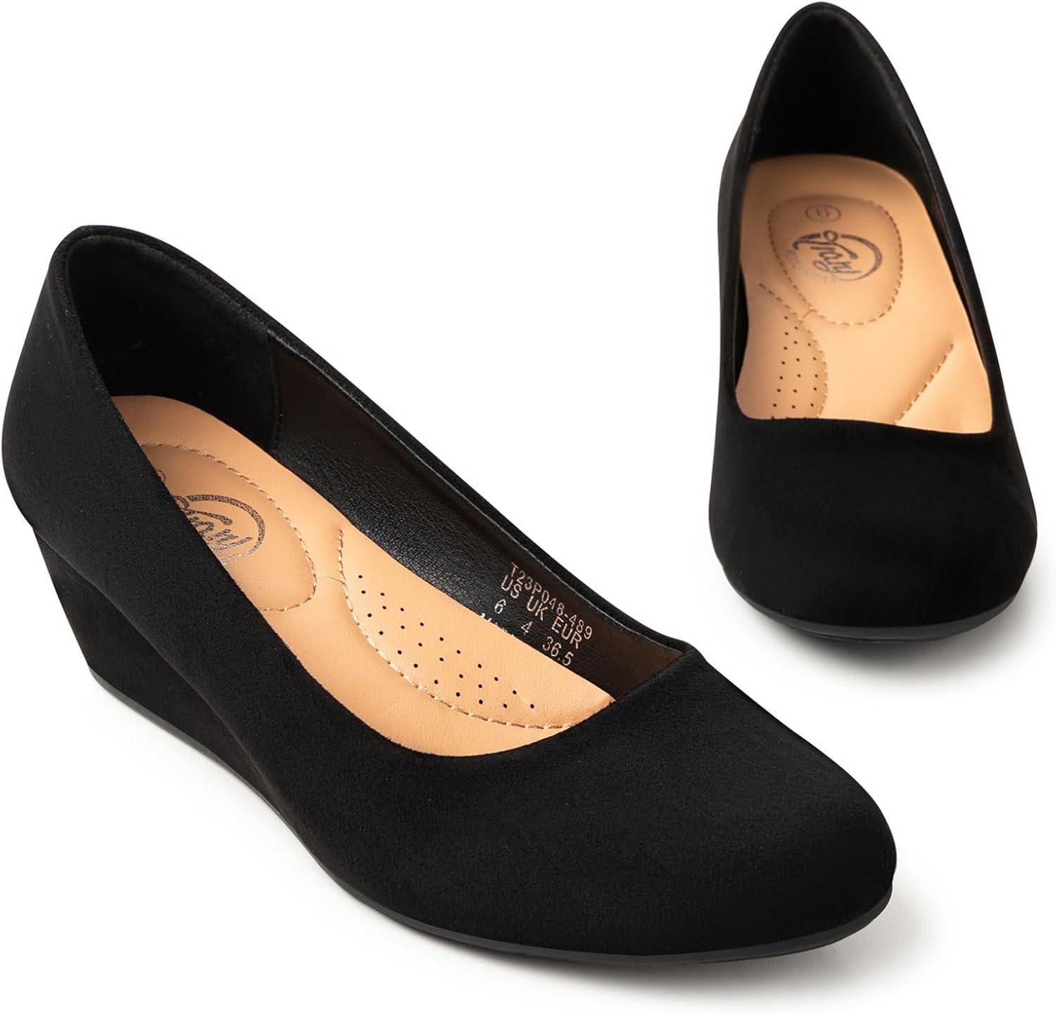 imageTrary Womens Wedges Heels for Women Pumps Round Toe Mid Heels Comfortable Closed Toe Dressy Shoes Women Pumps Wedge Shoes for Wedding Work Office Party 18 InchesSuede Black