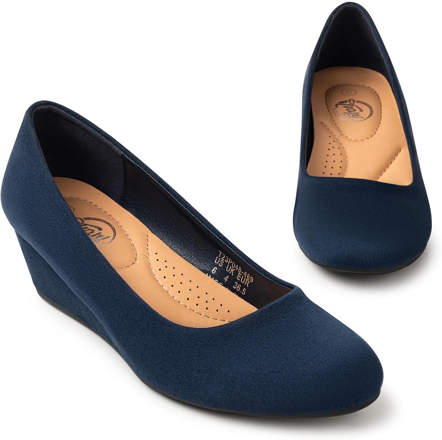 imageTrary Womens Wedges Heels for Women Pumps Round Toe Mid Heels Comfortable Closed Toe Dressy Shoes Women Pumps Wedge Shoes for Wedding Work Office Party 18 InchesNavy Blue