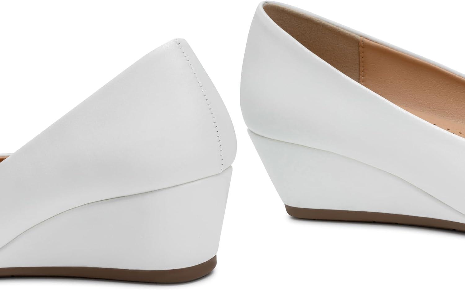 imageTrary Womens Wedges Heels for Women Pumps Round Toe Mid Heels Comfortable Closed Toe Dressy Shoes Women Pumps Wedge Shoes for Wedding Work Office Party 18 InchesPu White