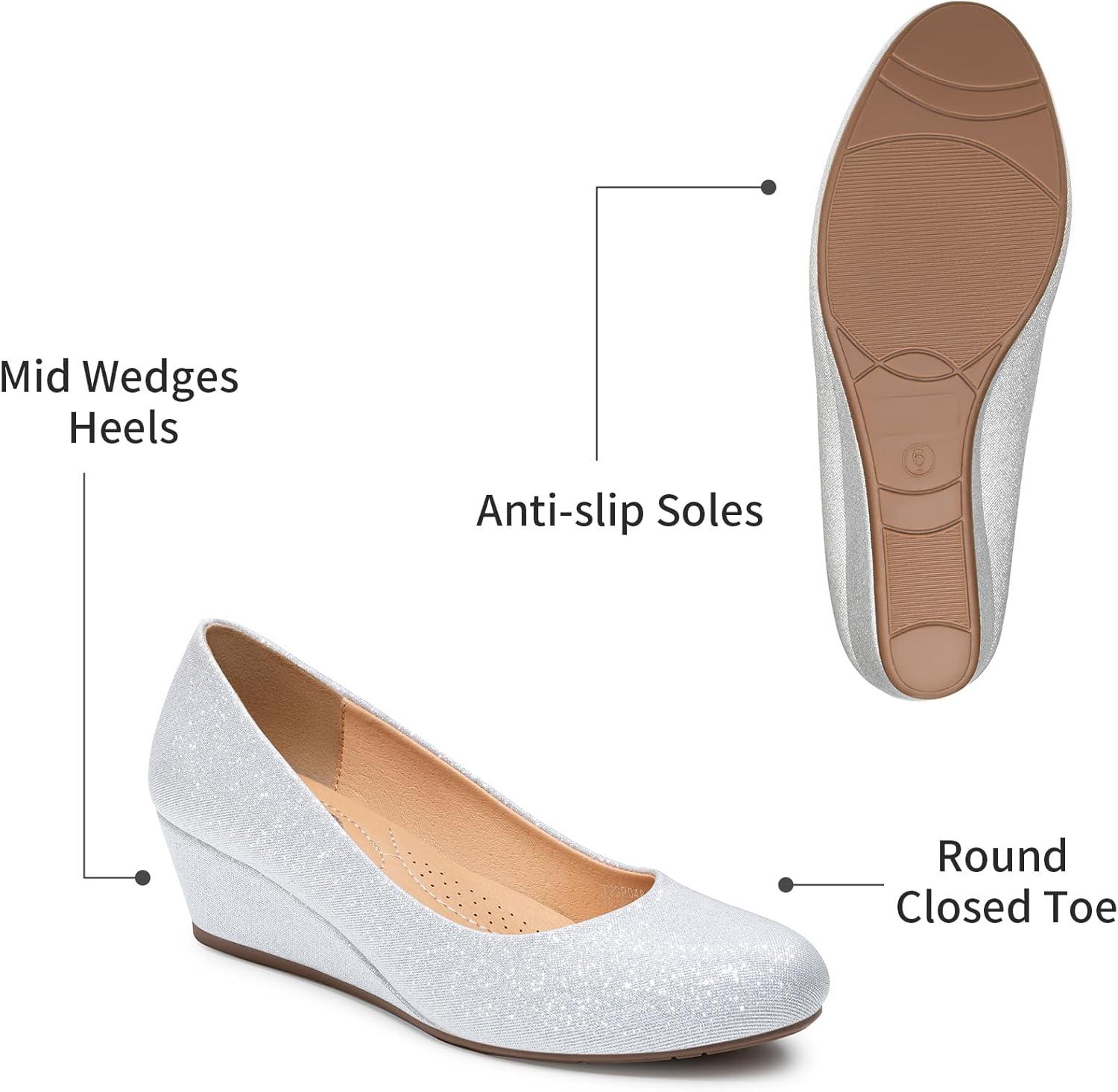 imageTrary Womens Wedges Heels for Women Pumps Round Toe Mid Heels Comfortable Closed Toe Dressy Shoes Women Pumps Wedge Shoes for Wedding Work Office Party 18 InchesSilver Glitter