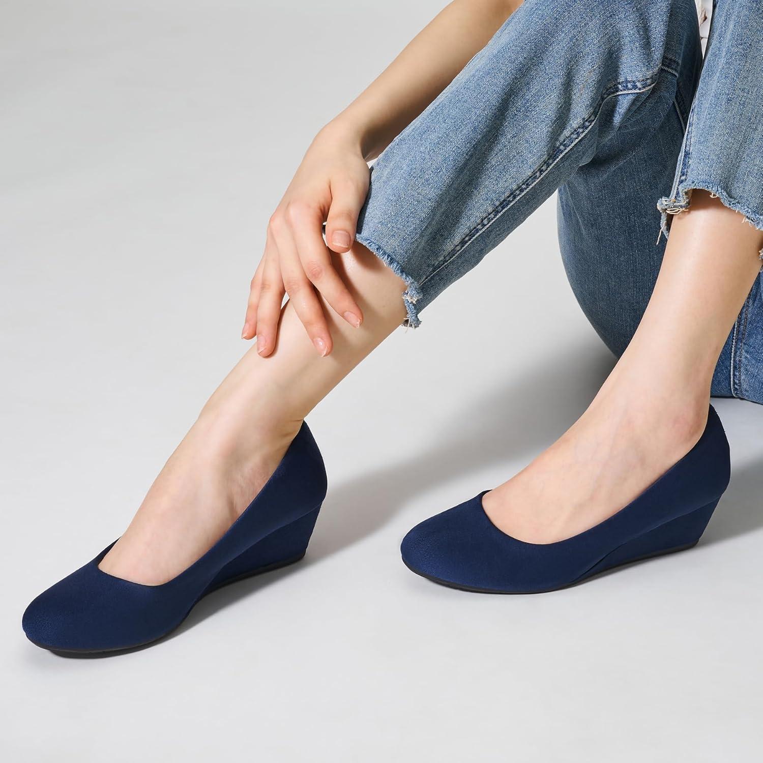 imageTrary Womens Wedges Heels for Women Pumps Round Toe Mid Heels Comfortable Closed Toe Dressy Shoes Women Pumps Wedge Shoes for Wedding Work Office Party 18 InchesNavy Blue