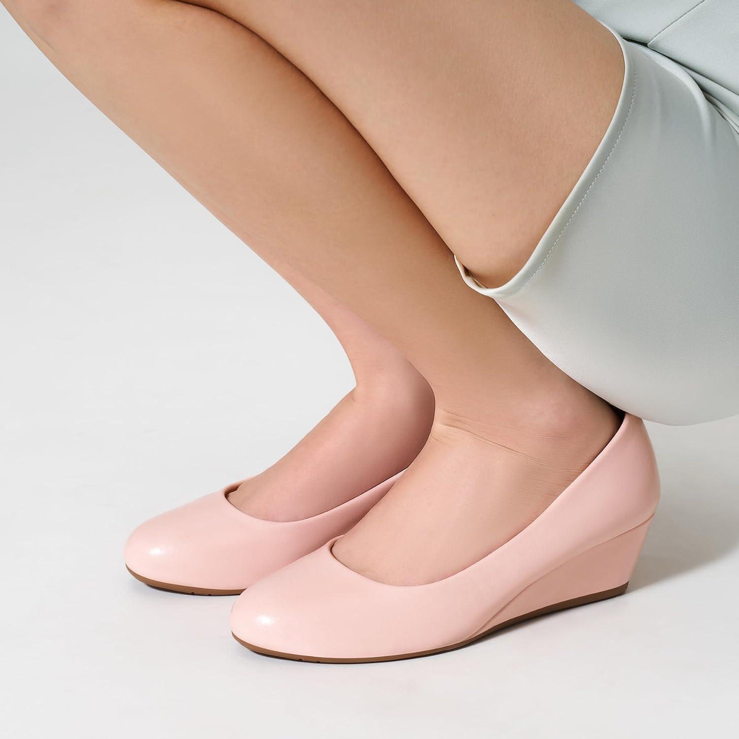 imageTrary Womens Wedges Heels for Women Pumps Round Toe Mid Heels Comfortable Closed Toe Dressy Shoes Women Pumps Wedge Shoes for Wedding Work Office Party 18 InchesPink