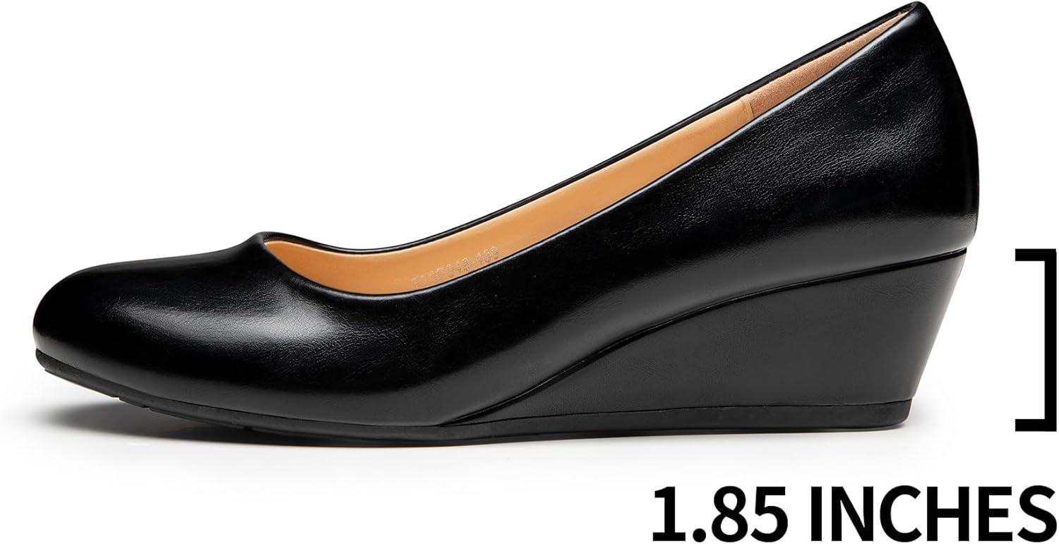 imageTrary Womens Wedges Heels for Women Pumps Round Toe Mid Heels Comfortable Closed Toe Dressy Shoes Women Pumps Wedge Shoes for Wedding Work Office Party 18 InchesPu Black