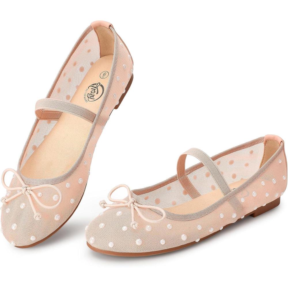 imageTrary Flats for Women Closed Round Toe Ballet Flats Mary Jane Shoes Women with Elastic Strap Cute Bowknot Comfortable Dress Shoes for AllYear Daily Work Casual WearMesh Nude