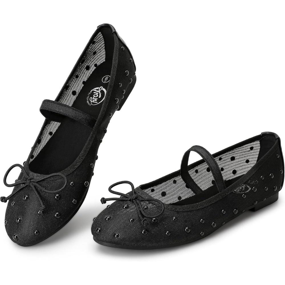 imageTrary Flats for Women Closed Round Toe Ballet Flats Mary Jane Shoes Women with Elastic Strap Cute Bowknot Comfortable Dress Shoes for AllYear Daily Work Casual WearMesh Black