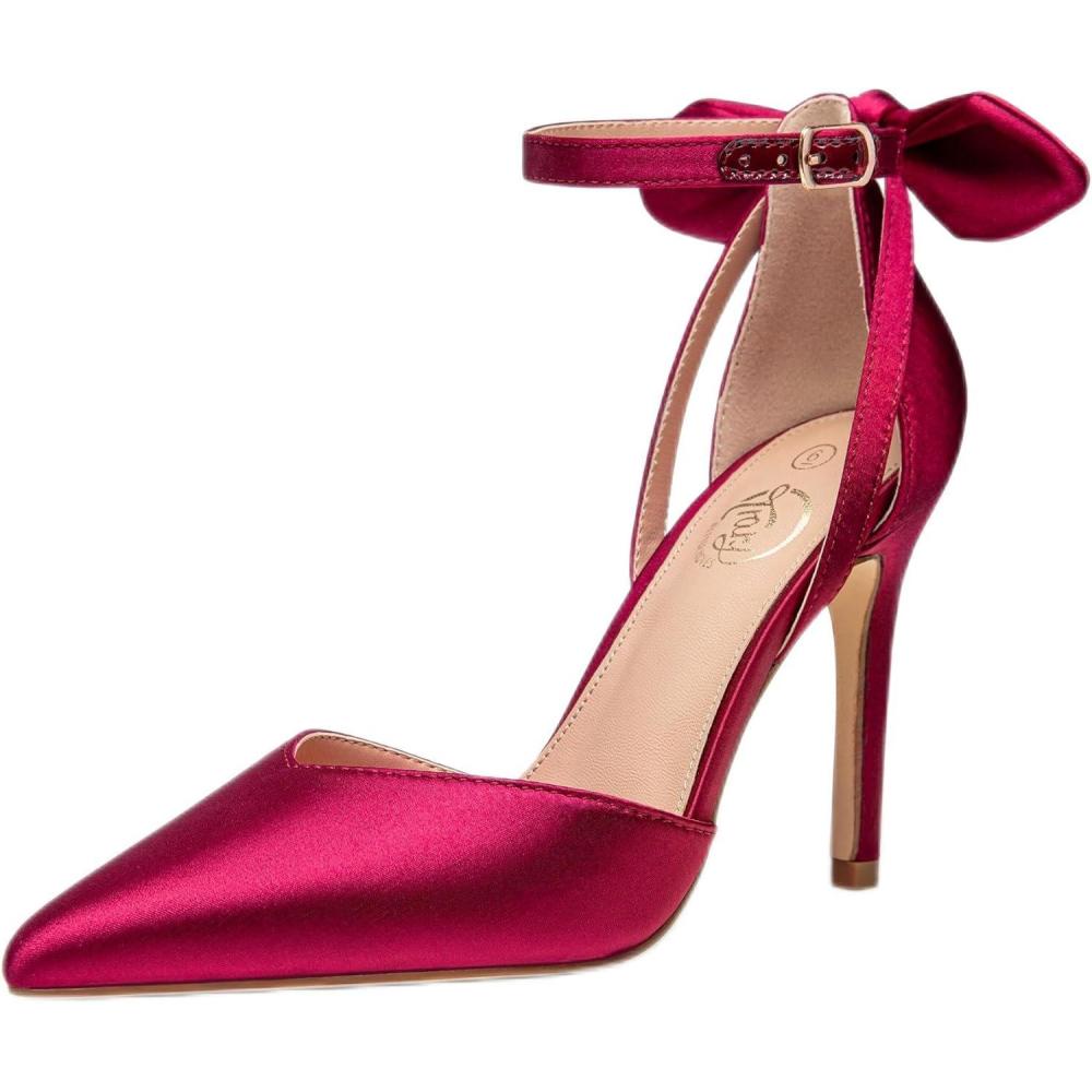 imageTrary Heels for Women Closed Pointed Toe Heels Womens Pumps Stiletto High Shoes with Bow Knot Comfortable Ankle Strap Office Party Wedding Dress Shoes 374quot HeelWine Red