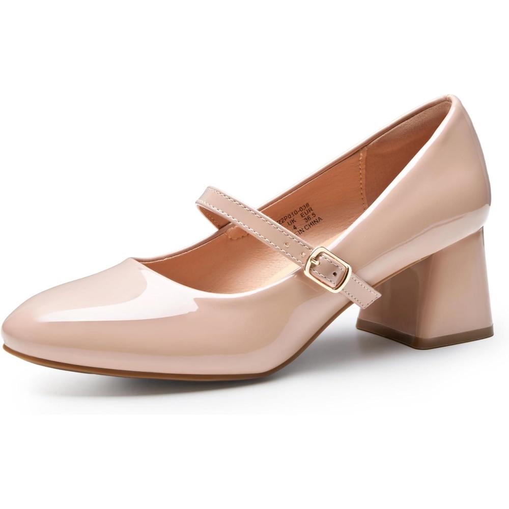 imageTrary Mary Jane Shoes Women Chunky Mary Janes Heels for Women Shoes Dressy Casual Dress Shoes for Women Block Heels Closed Toe Mary Jane PumpsNude