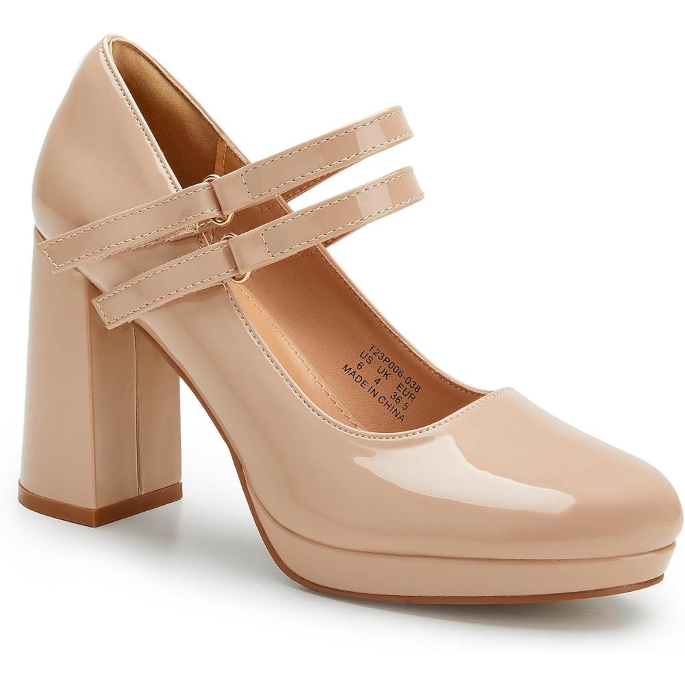 imageTrary Mary Jane Shoes Women Heels Platform Chunky Block High Heels with Double Strap Womens Pumps Comfortable Dress Pumps for Party Wedding Office Round Toe Heel ShoesPatent Nude