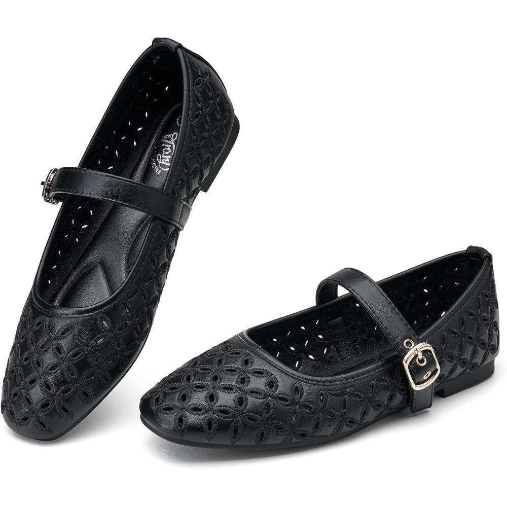 imageTrary Mary Jane Shoes Women Hollow Flats for Women Ballet Flats Shoes Squared Toe Mary Jane Flats Ankle Strap Flats Shoes Dressy ComfortableBlack