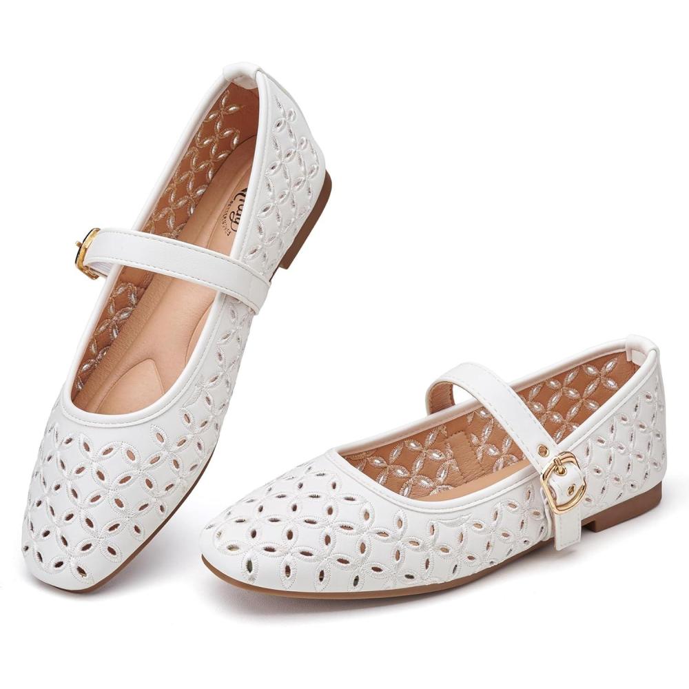 imageTrary Mary Jane Shoes Women Hollow Flats for Women Ballet Flats Shoes Squared Toe Mary Jane Flats Ankle Strap Flats Shoes Dressy ComfortableWhite