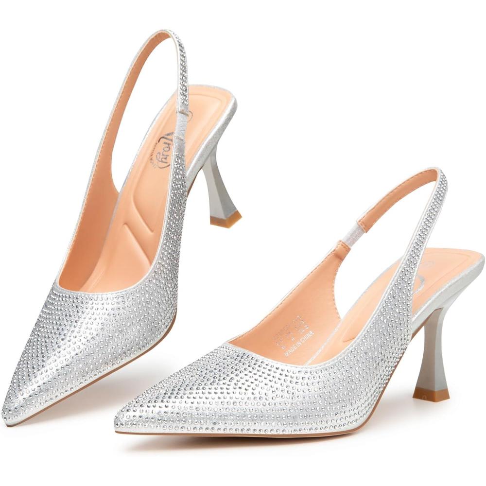 imageTrary Slingback Heels for Women  Pointed Toe Pumps Comfortable ampamp Stylish for Parties ampamp Work  32inch High Heels Rhinestone ampamp Glitter Dressy ShoesSilver