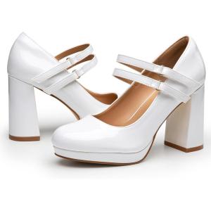 imageTrary Mary Jane Shoes Women Heels Platform Chunky Block High Heels with Double Strap Womens Pumps Comfortable Dress Pumps for Party Wedding Office Round Toe Heel ShoesPatentwhite
