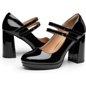 imageTrary Mary Jane Shoes Women Heels Platform Chunky Block High Heels with Double Strap Womens Pumps Comfortable Dress Pumps for Party Wedding Office Round Toe Heel ShoesPatentblack