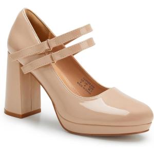 imageTrary Mary Jane Shoes Women Heels Platform Chunky Block High Heels with Double Strap Womens Pumps Comfortable Dress Pumps for Party Wedding Office Round Toe Heel ShoesPatent Nude
